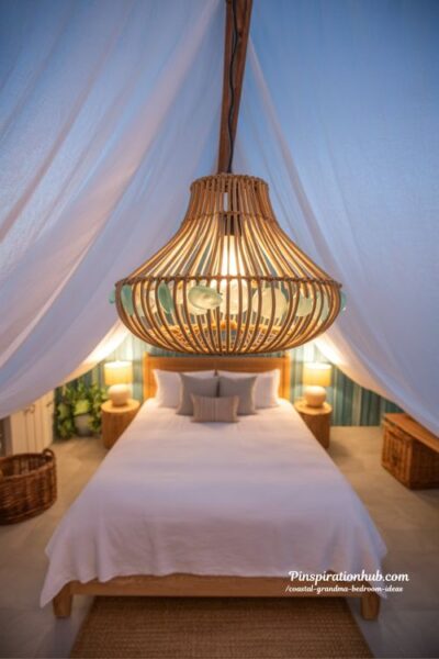 coastal grandma bedroom chandelier lighting with rattan pendant and warm coastal cottage evening glow