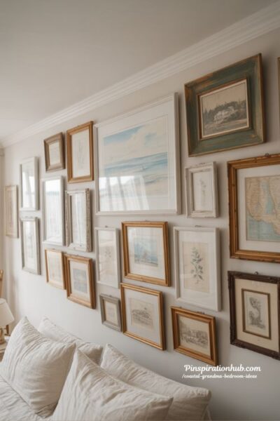 coastal grandma bedroom gallery wall with vintage framed seascapes and botanical prints above bed