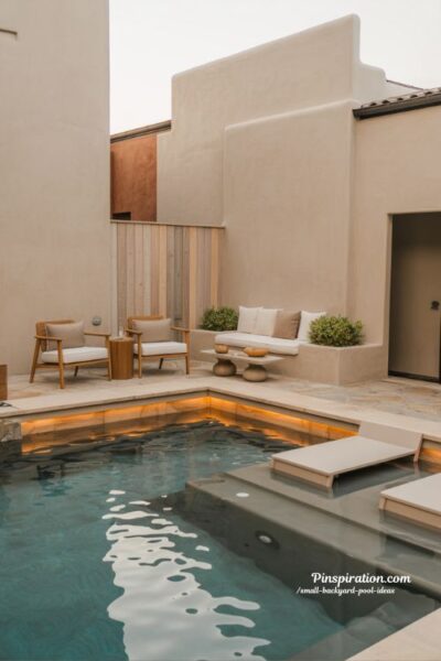 cocktail pool backyard with built in seating and cozy modern small outdoor luxury retreat