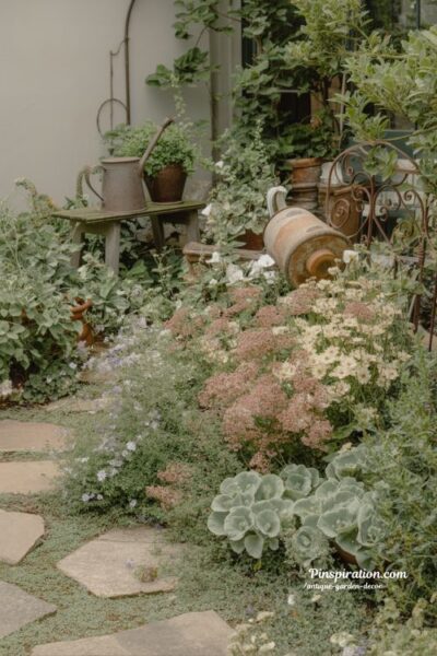 cottage garden overflowing wildflowers antique decor rustic hidden stone path style