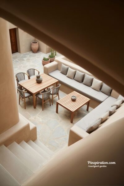 courtyard garden furniture selection with compact outdoor seating and minimalist natural design layout