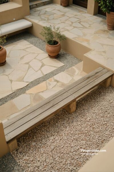 courtyard garden materials with stone flooring wooden bench and gravel ground for calm natural outdoor design