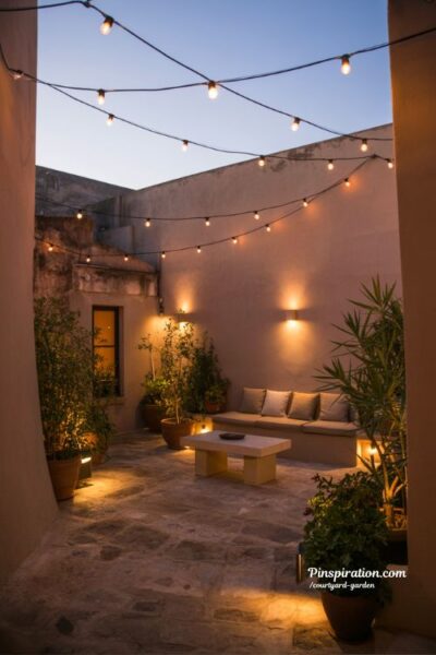courtyard garden night lighting with string lights wall sconces and warm layered cozy outdoor ambiance