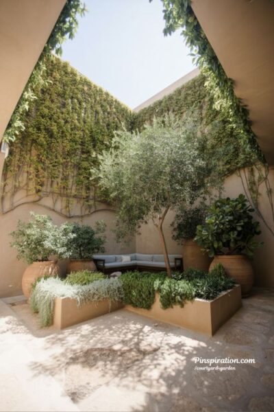 courtyard garden plants with layered greenery climbing vines and low maintenance natural outdoor design