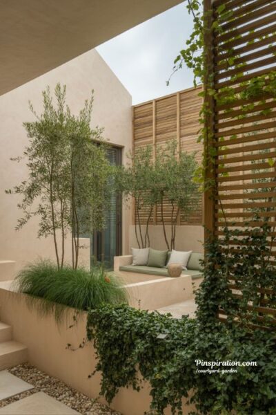 courtyard garden privacy with tall plants wooden screens and layered natural outdoor screening design
