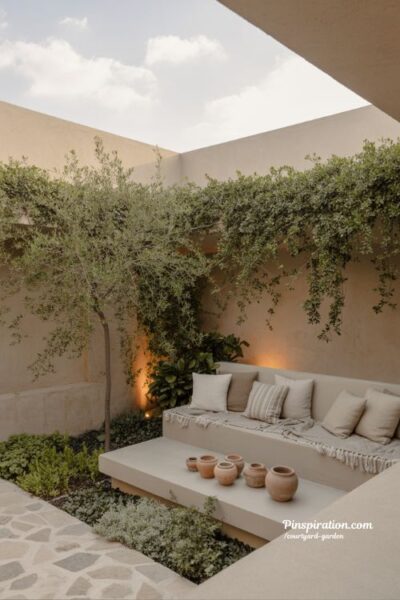 courtyard garden style mixing with modern rustic textures and soft finishing decor touches for natural outdoor harmony