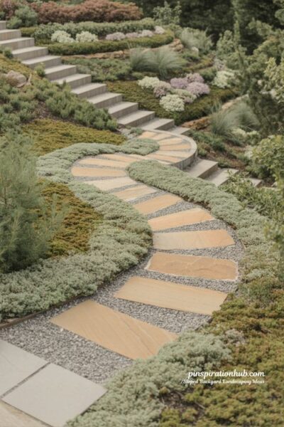 curved pathways for sloped backyard landscaping with natural stone garden walkways and flowing landscape design