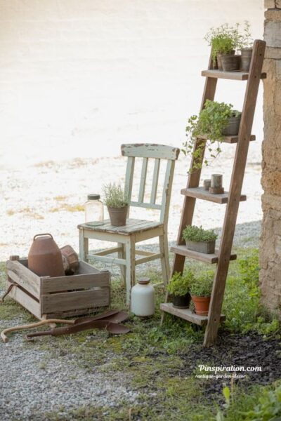 diy upcycled garden decor with ladder plant stand jars lanterns rustic antique garden style