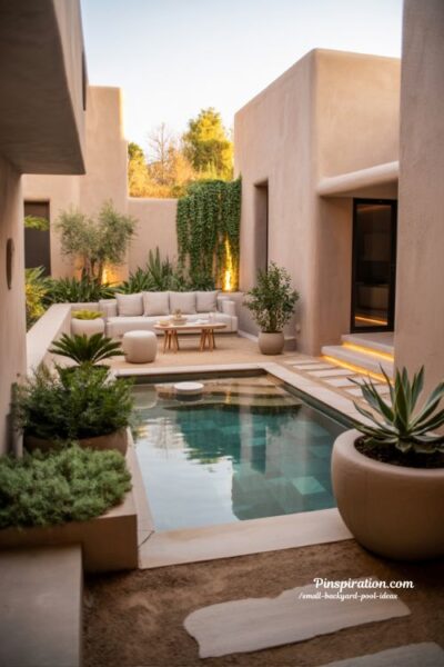 dreamy backyard oasis design for small space with modern calming pool and cozy garden retreat