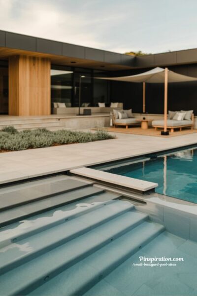 family friendly small backyard pool with shallow ledge and modern safe outdoor design