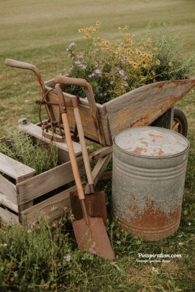 farm tool garden with rustic vintage wheelbarrow and repurposed metal planter aesthetic