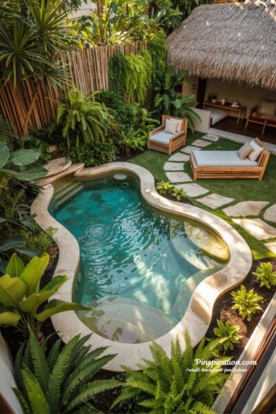 freeform backyard pool with tropical garden design and natural curved lagoon style outdoor retreat