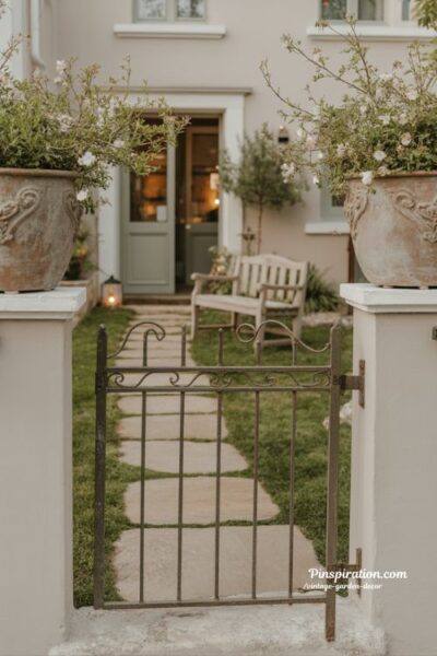 front yard garden with vintage iron gate and soft welcoming cottage entrance aesthetic