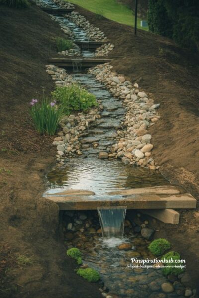 gravity fed backyard water feature on sloped garden with boulder stream waterfall and river rock drainage natural eco landscape design in soft daylight