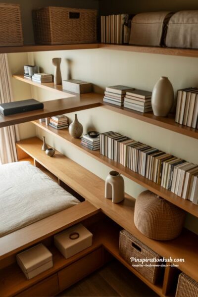 intentional bedroom storage ideas open shelving styling minimal master bedroom organization japandi decor aesthetic calm curated bedroom shelves