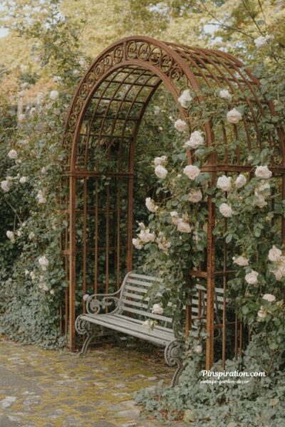 iron structure garden with vintage arch roses and climbing ivy romantic garden aesthetic