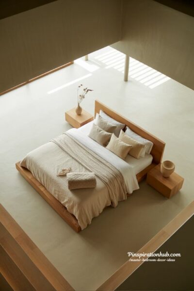 japandi bedroom design ideas low platform bed minimalist master bedroom layout Scandinavian japanese style calm neutral bedroom inspiration