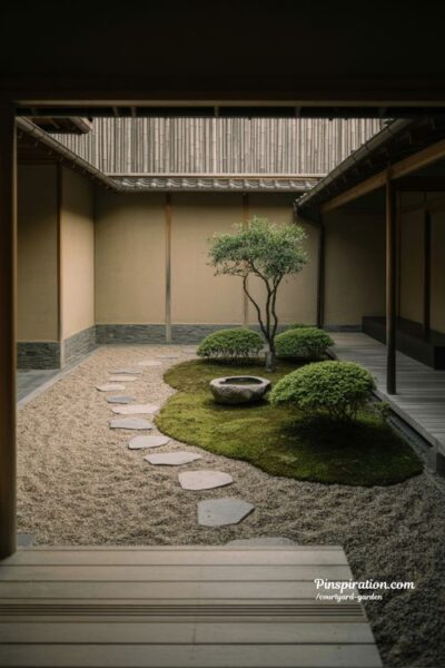 japanese inspired courtyard garden with stone path gravel and calm minimalist zen outdoor space