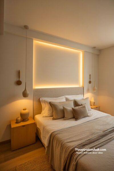 layered bedroom lighting ideas warm ambient lighting master bedroom sconces pendant lights cozy modern bedroom mood lighting inspiration