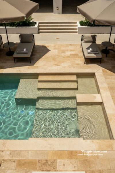 luxury mini pool with tanning ledge and modern small backyard resort style design