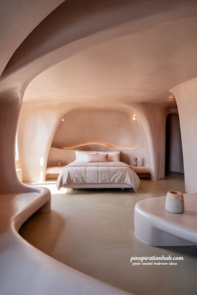 luxury pink coastal bedroom with curved plaster walls and sculptural minimal design