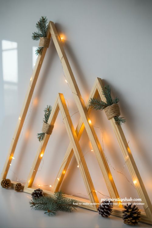 minimalist geometric wooden christmas tree wall decor with warm fairy lights and pinecone accents in modern living room