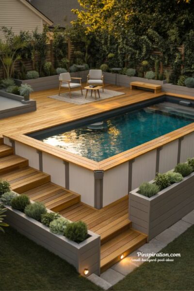 modern above ground pool backyard design with custom wooden deck and cozy small outdoor retreat