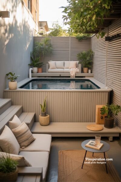 modern above ground pool with wooden deck in small backyard design