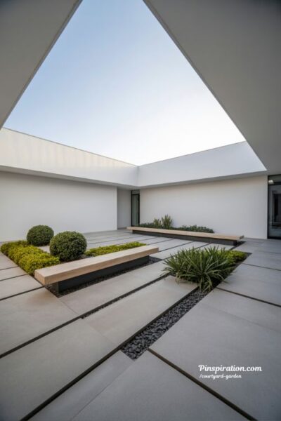 modern courtyard garden design with clean lines neutral colors and minimalist structured outdoor space