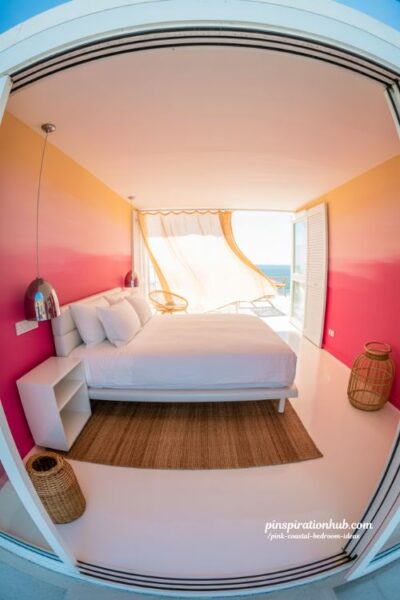 modern pink coastal bedroom with bubblegum walls neon accents and crisp white bedding