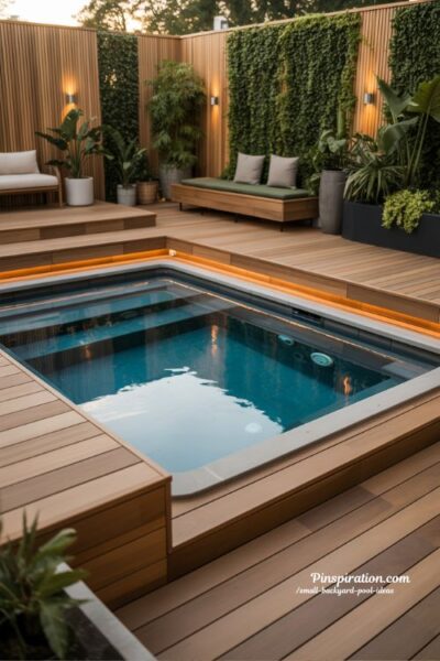 modern swim spa backyard design with wooden deck and cozy year round outdoor wellness retreat