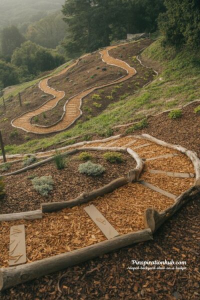 mulched switchback pathway on steep sloped backyard with zigzag garden trail using wood chips and reclaimed timber edging budget landscape design