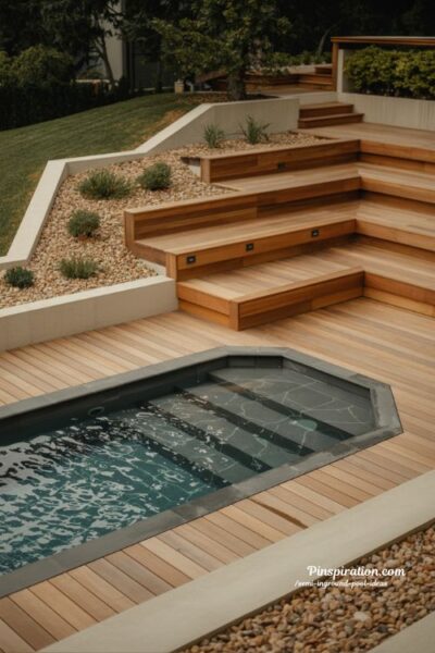 multi level deck semi inground pool ideas layered backyard design with natural slope and warm wood transitions