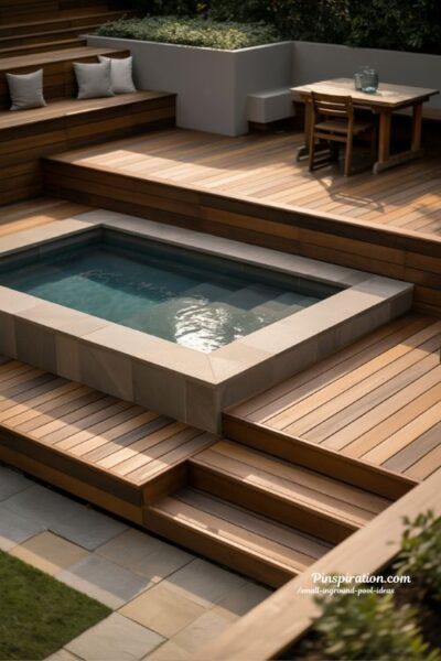 multi level decking for small inground pool ideas with layered outdoor living zones and compact backyard design