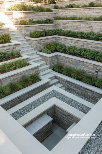 multi level retaining walls for sloped backyard landscaping with terraced stone design and outdoor living zones