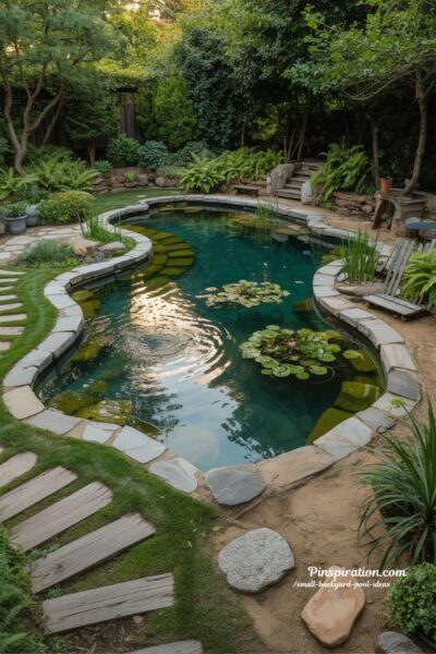 natural pond pool backyard design with organic stone edges and peaceful garden lagoon retreat