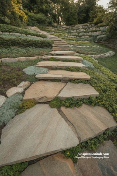 natural stone steps for sloped backyard landscaping with hillside garden pathways and terraced outdoor design