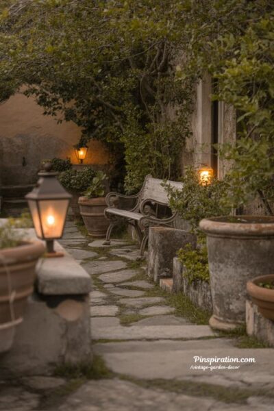 night garden with vintage lantern lighting and calm shadowy cottage pathway aesthetic