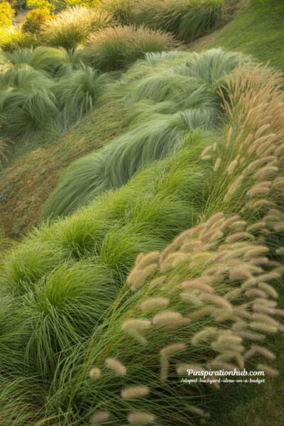 ornamental grasses on sloped backyard with miscanthus fountain grass and switchgrass landscape design moving in wind natural erosion control garden