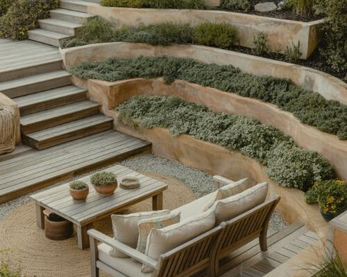 Small sloped backyard ideas with terraced decks native plants and cozy hillside landscaping