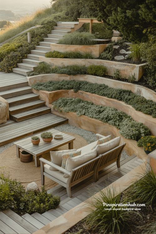 Small sloped backyard ideas with terraced decks native plants and cozy hillside landscaping