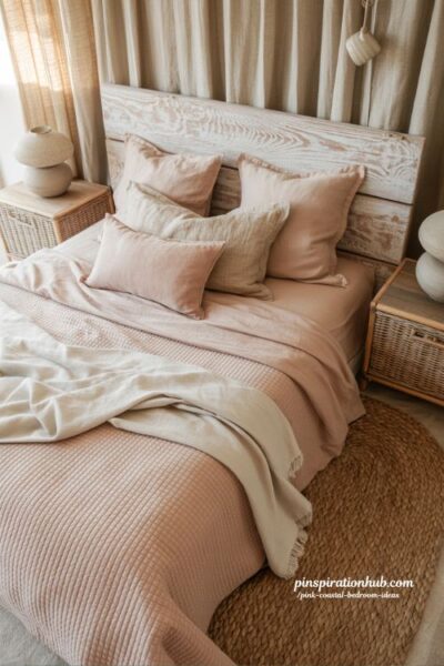 pink coastal bedroom with blush linen bedding and whitewashed wood headboard