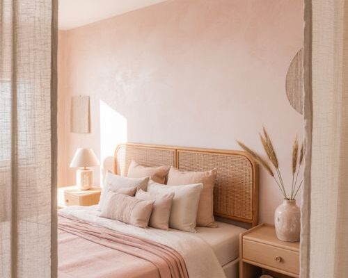 pink coastal bedroom with blush tones rattan decor and serene beach house aesthetic