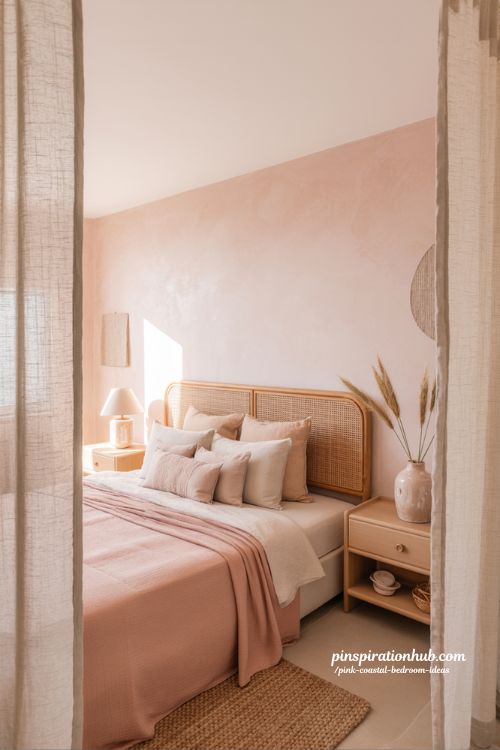 pink coastal bedroom with blush tones rattan decor and serene beach house aesthetic