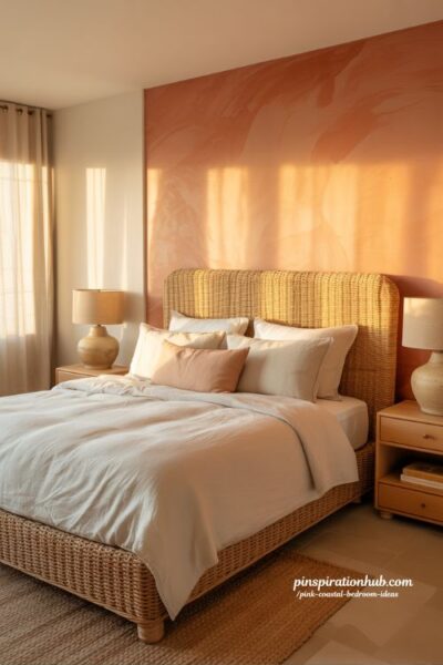 pink coastal bedroom with coral wallpaper and natural rattan bed frame