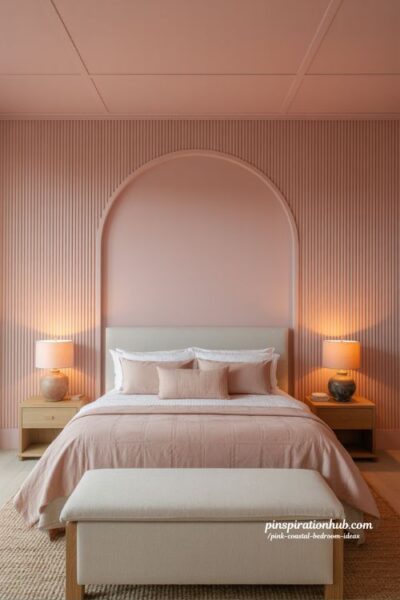 pink coastal bedroom with dusty rose arch feature wall and built in niche design