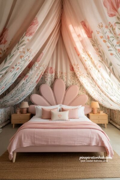 pink coastal bedroom with petal headboard and soft garden floral wallpaper