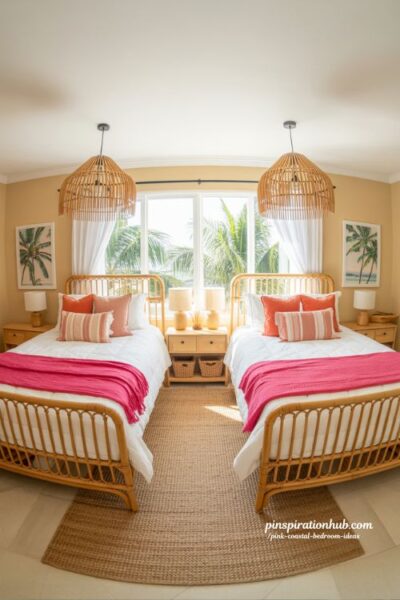 pink coastal kids bedroom with twin rattan beds and tropical palm print decor