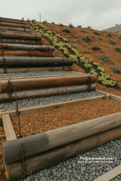 railroad tie retaining wall terrace garden on steep backyard slope DIY budget landscaping with gravel drainage and reclaimed wood steps