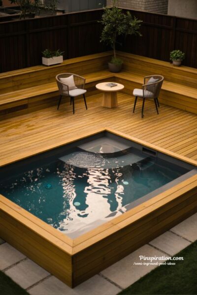 raised deck semi inground pool ideas for small yards with warm wood modern compact backyard design